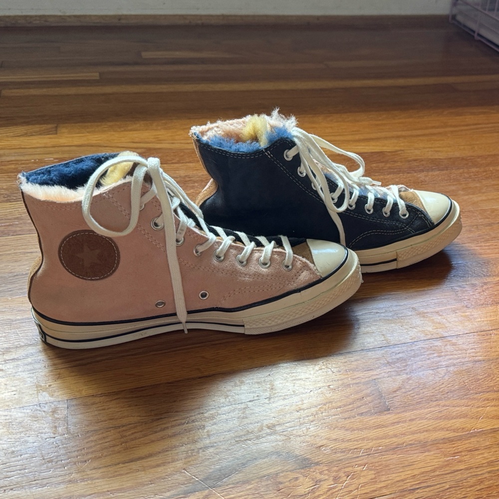 Converse High-Top, Shearling-Lined Sneakers in Pink and Blue